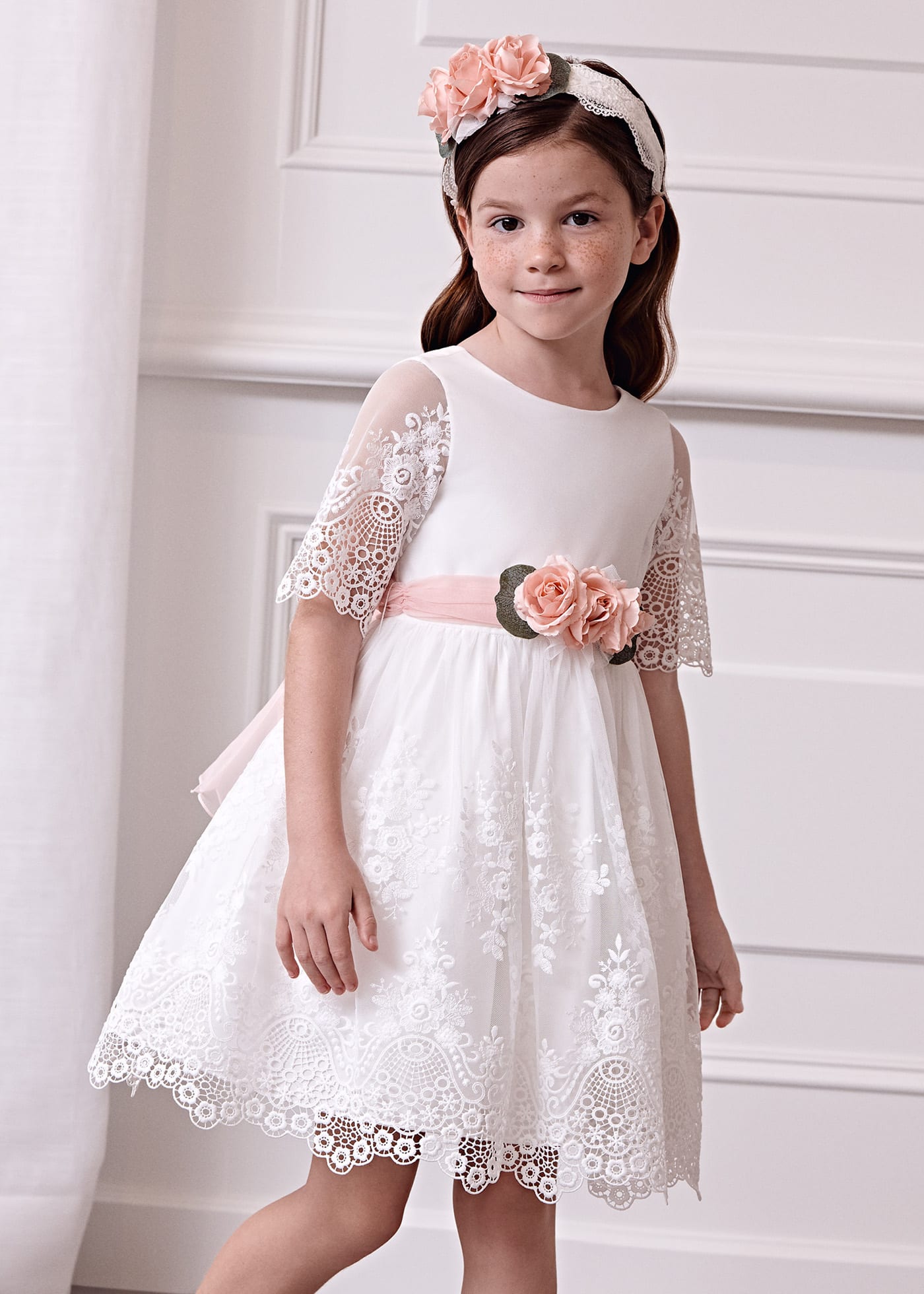 Girl embroidered guipure tulle dress Cream | Abel & Lula ®