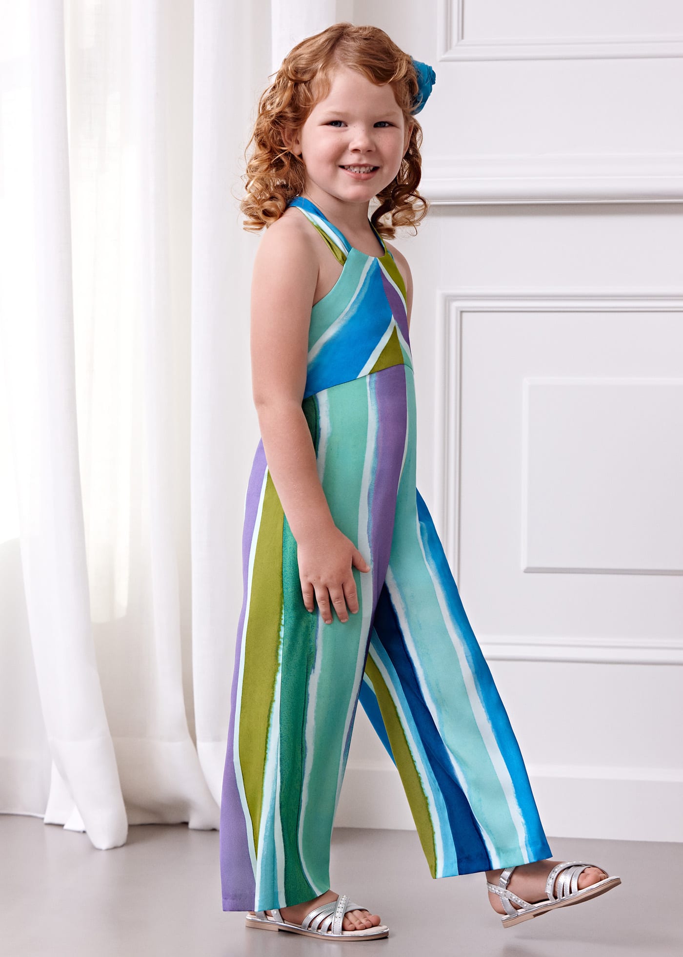 Girl Satin Multicoloured Striped Jumpsuit