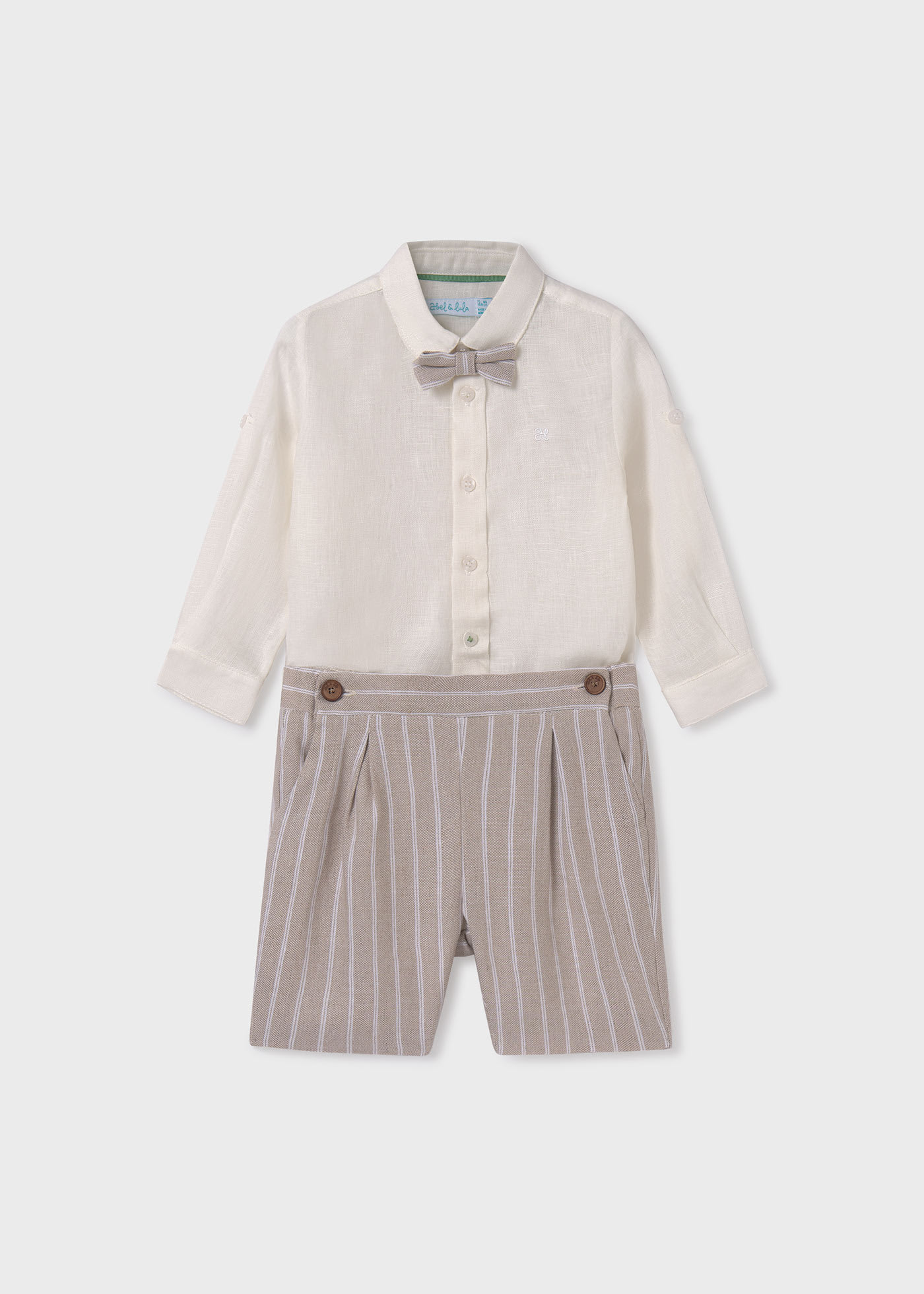Boy Linen Shirt with Bow Tie and Striped Shorts Set