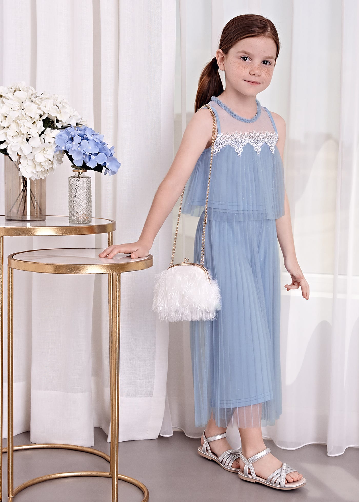 Girl set of pleated tulle pants and top