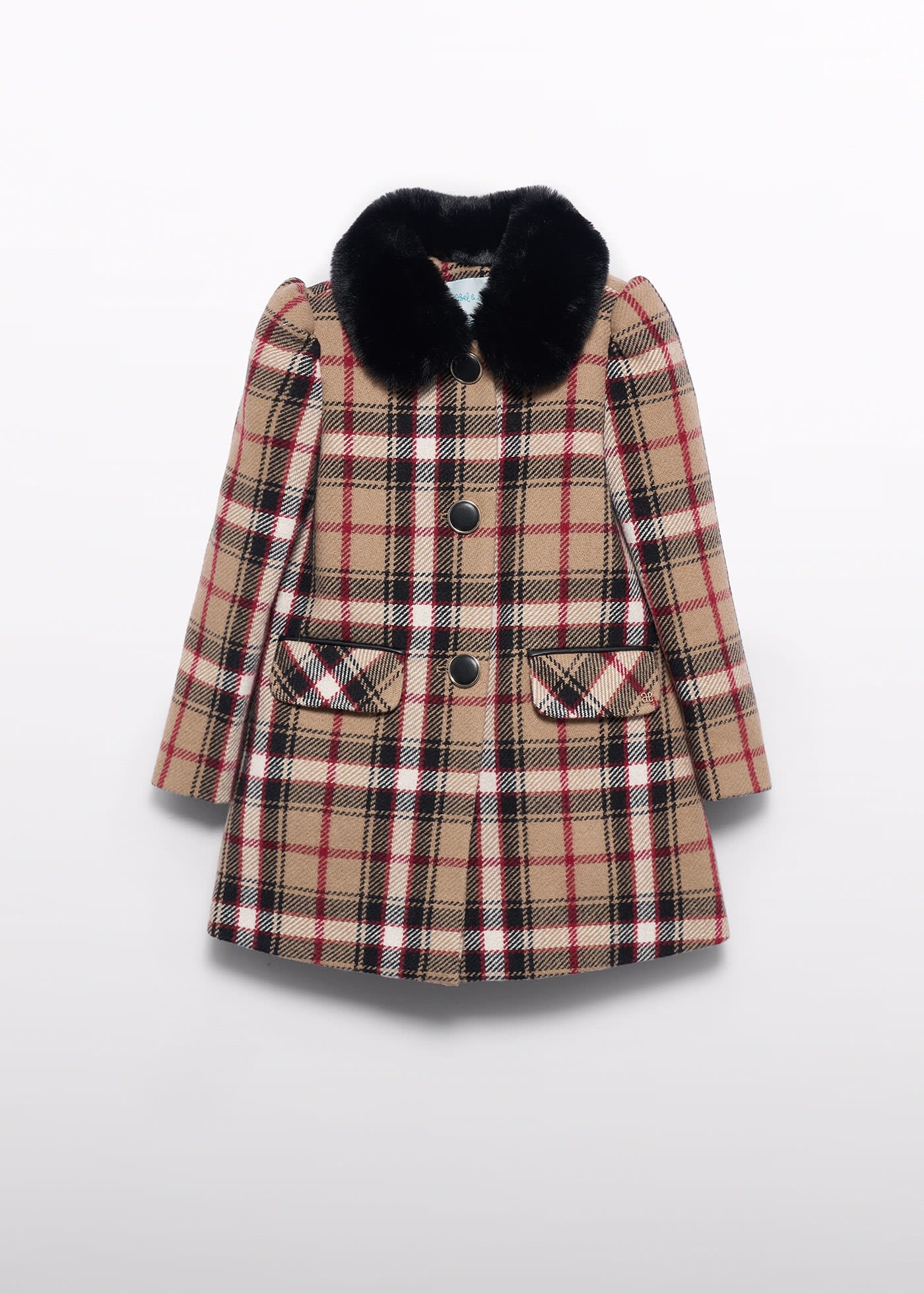 Girl Check Coat with Fur Collar