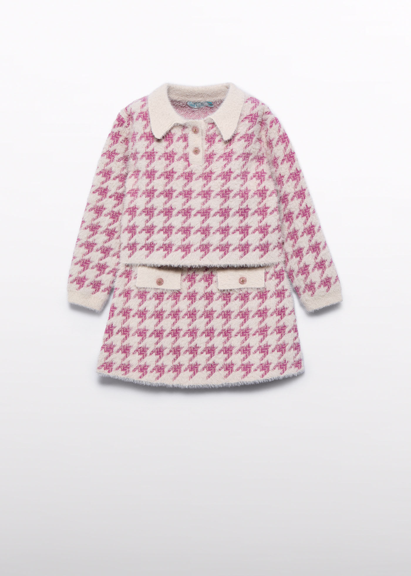 Girl Tricot Set with Houndstooth Skirt