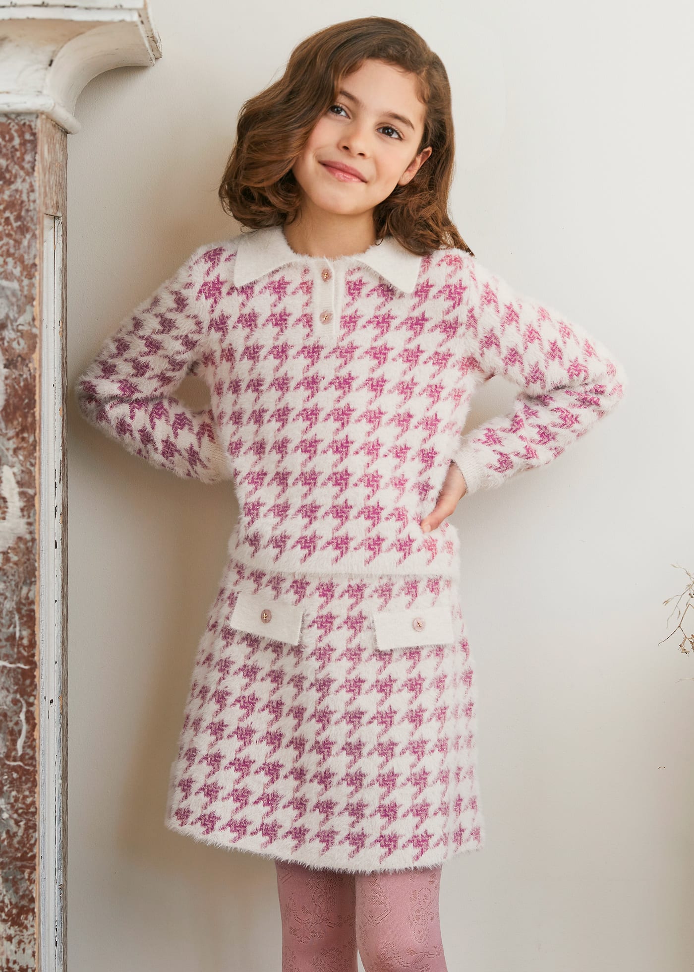 Girl Tricot Set with Houndstooth Skirt