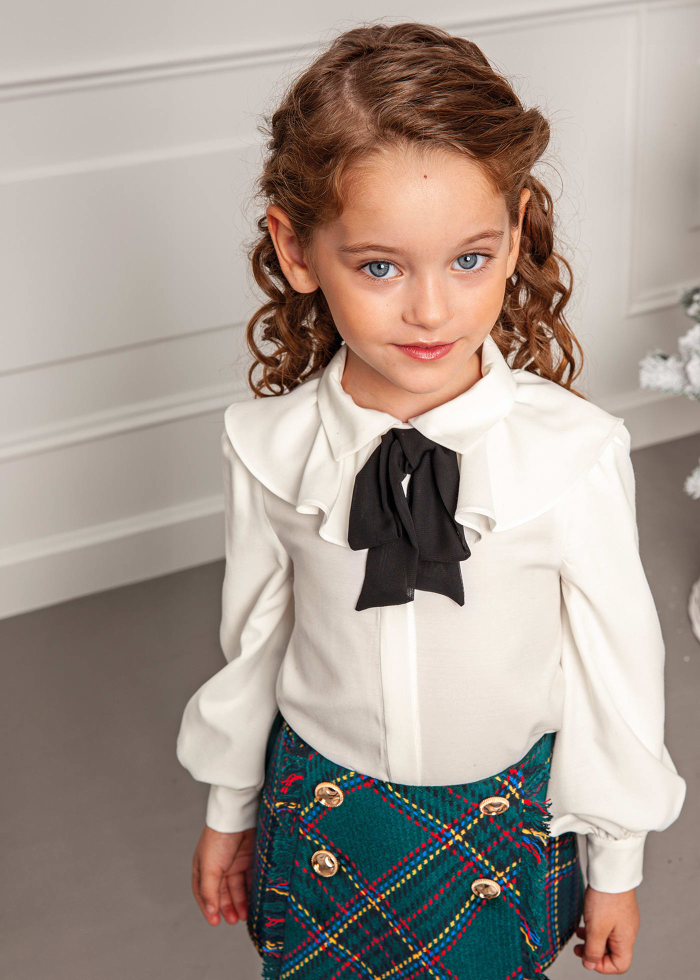 Girl Shirt Set with Tartan Skirt