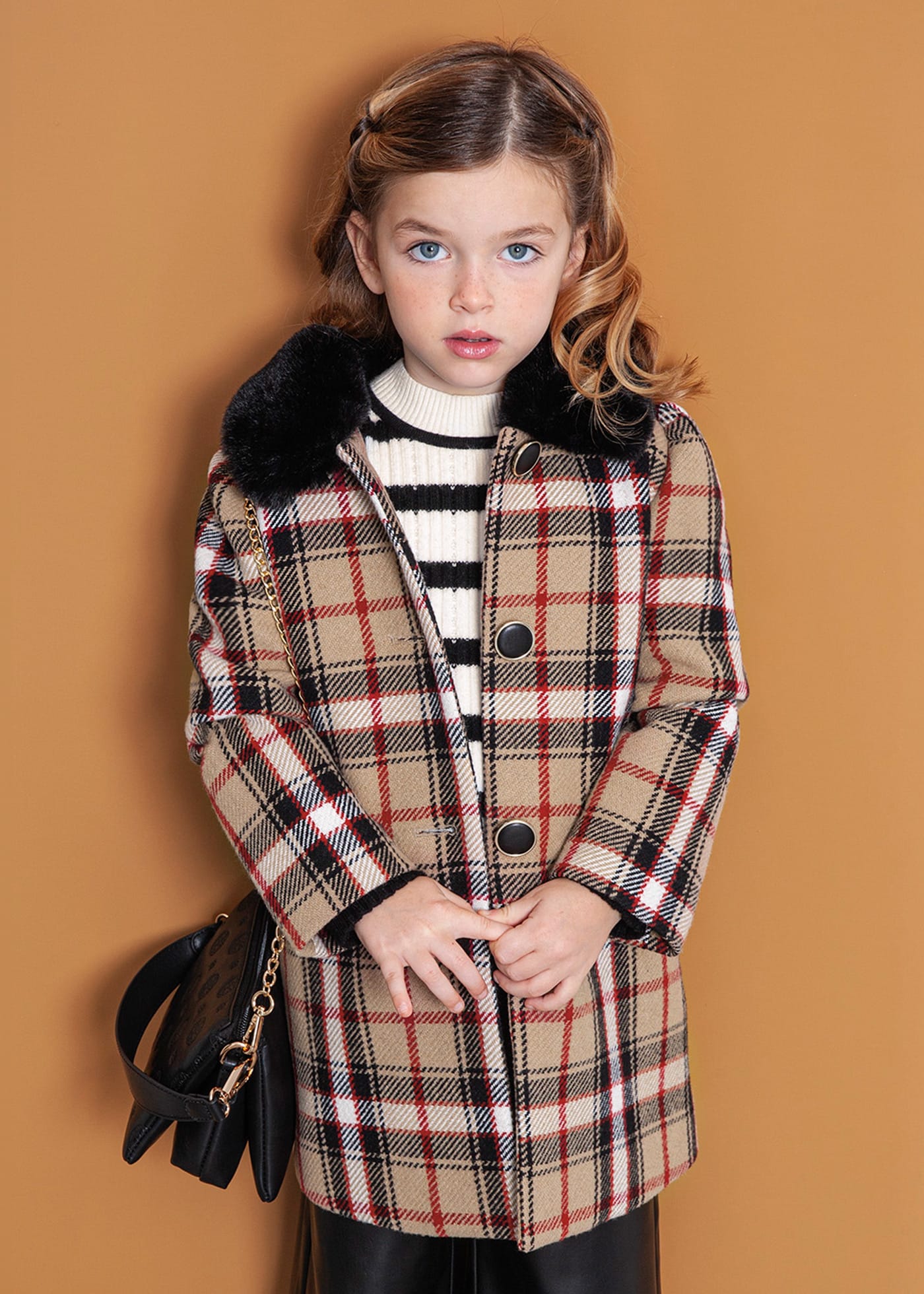 Girl Check Coat with Fur Collar