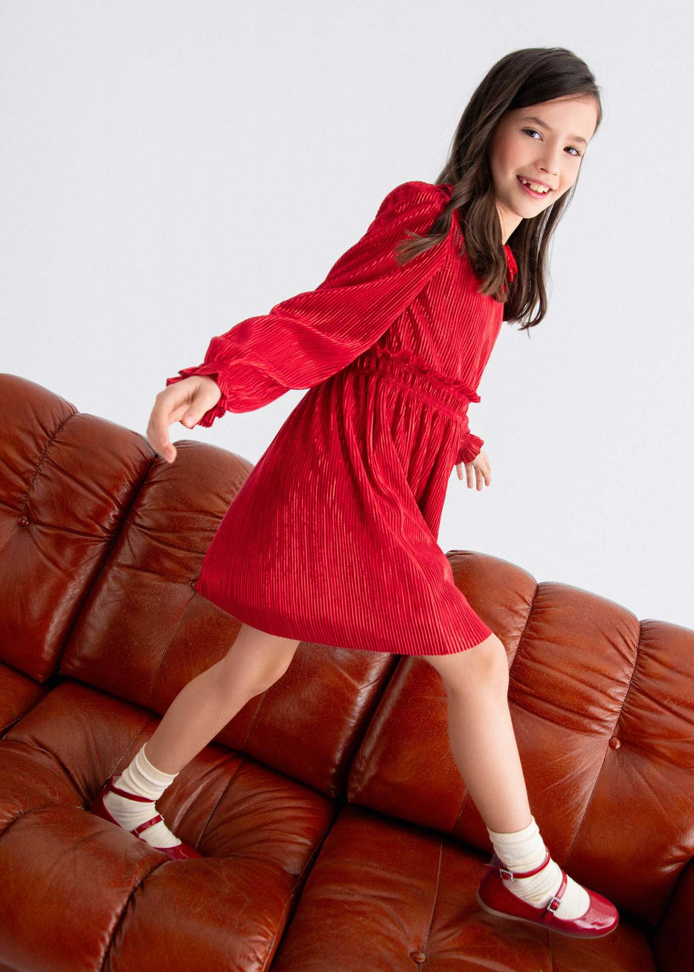 Vestido ponto plissado brilho menina