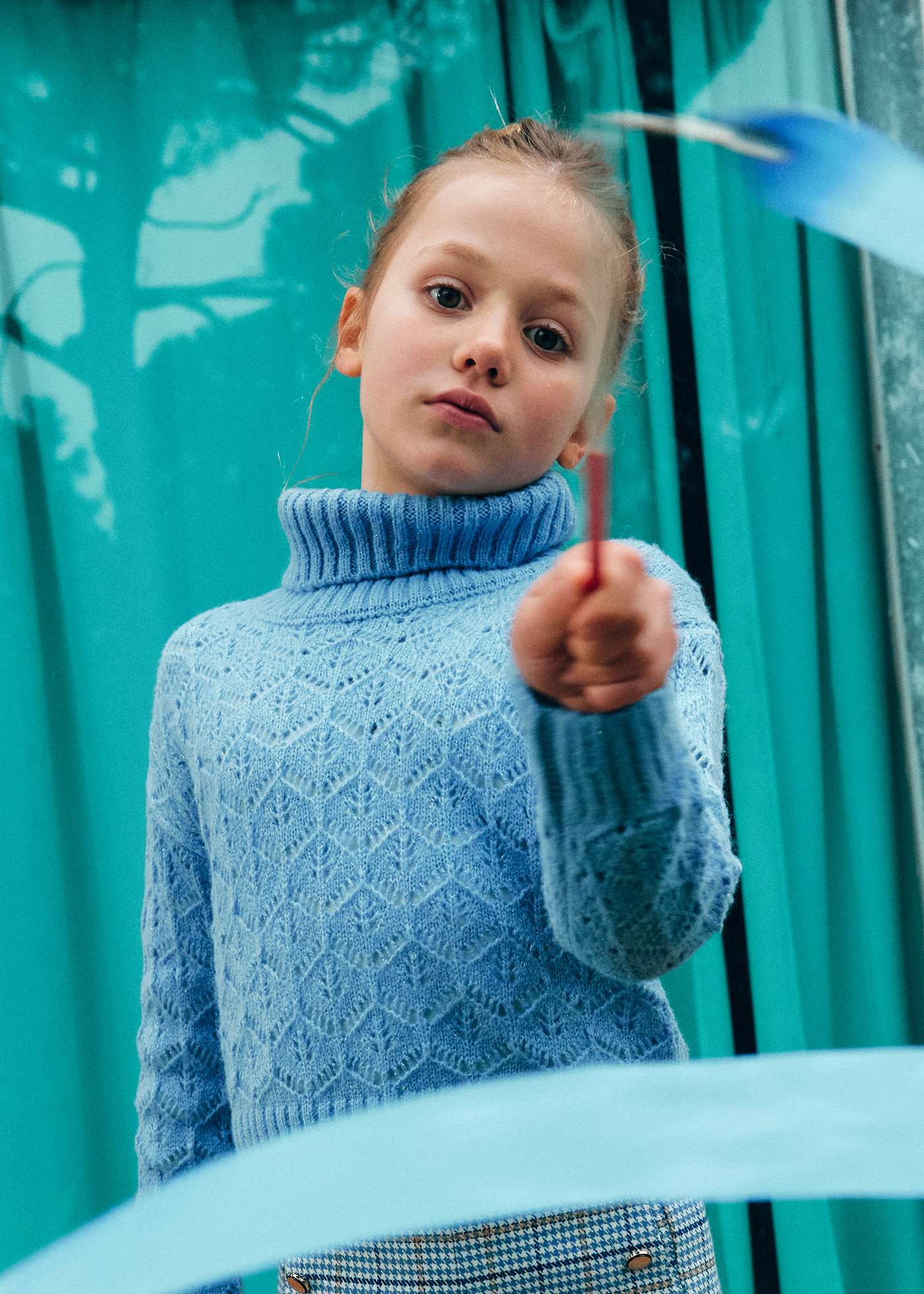 Girls open-knit roll turtleneck jumper