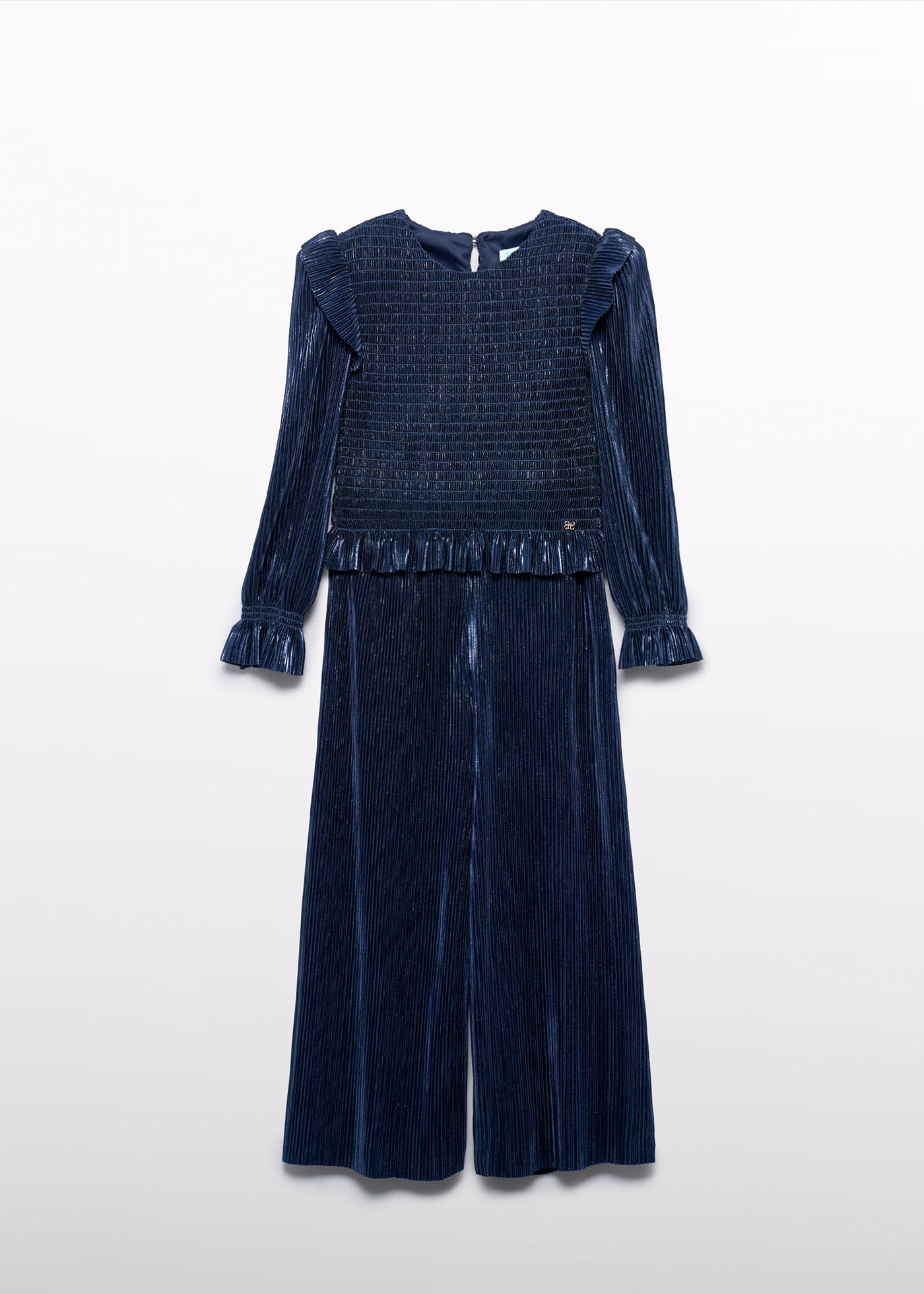 girls shiny pleated knitted trousers set