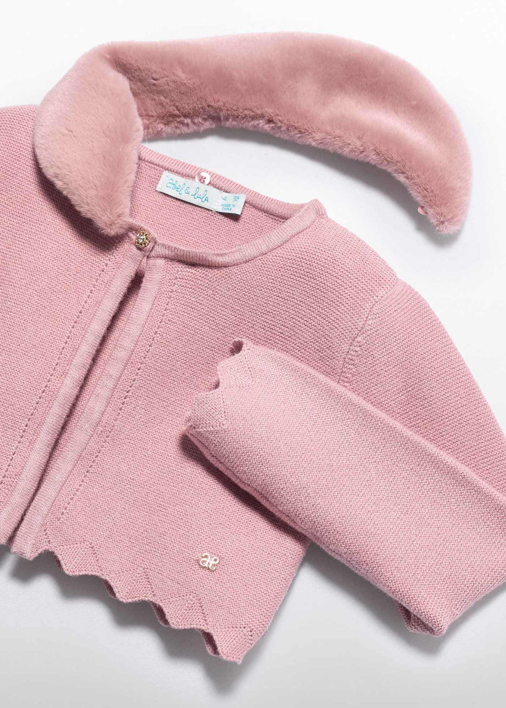 Girl Knit Cardigan with Faux Fur Collar