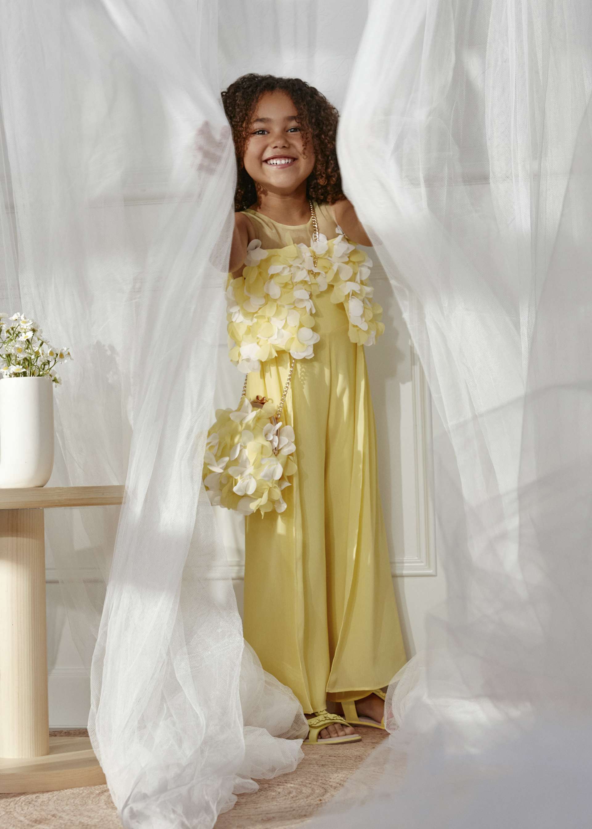 Combinaison longue en mousseline fleurs 3D fille