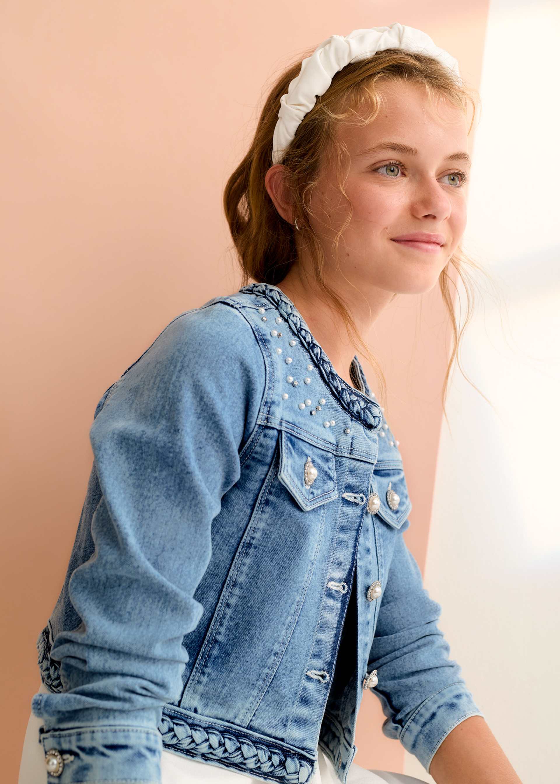 Cazadora denim perlas niña