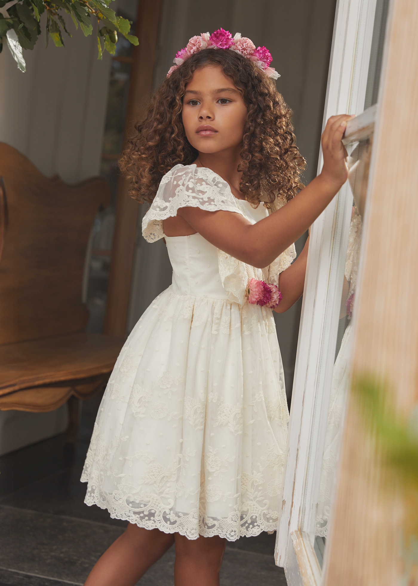Girl embroidered tulle dress Off white | Abel & Lula ®