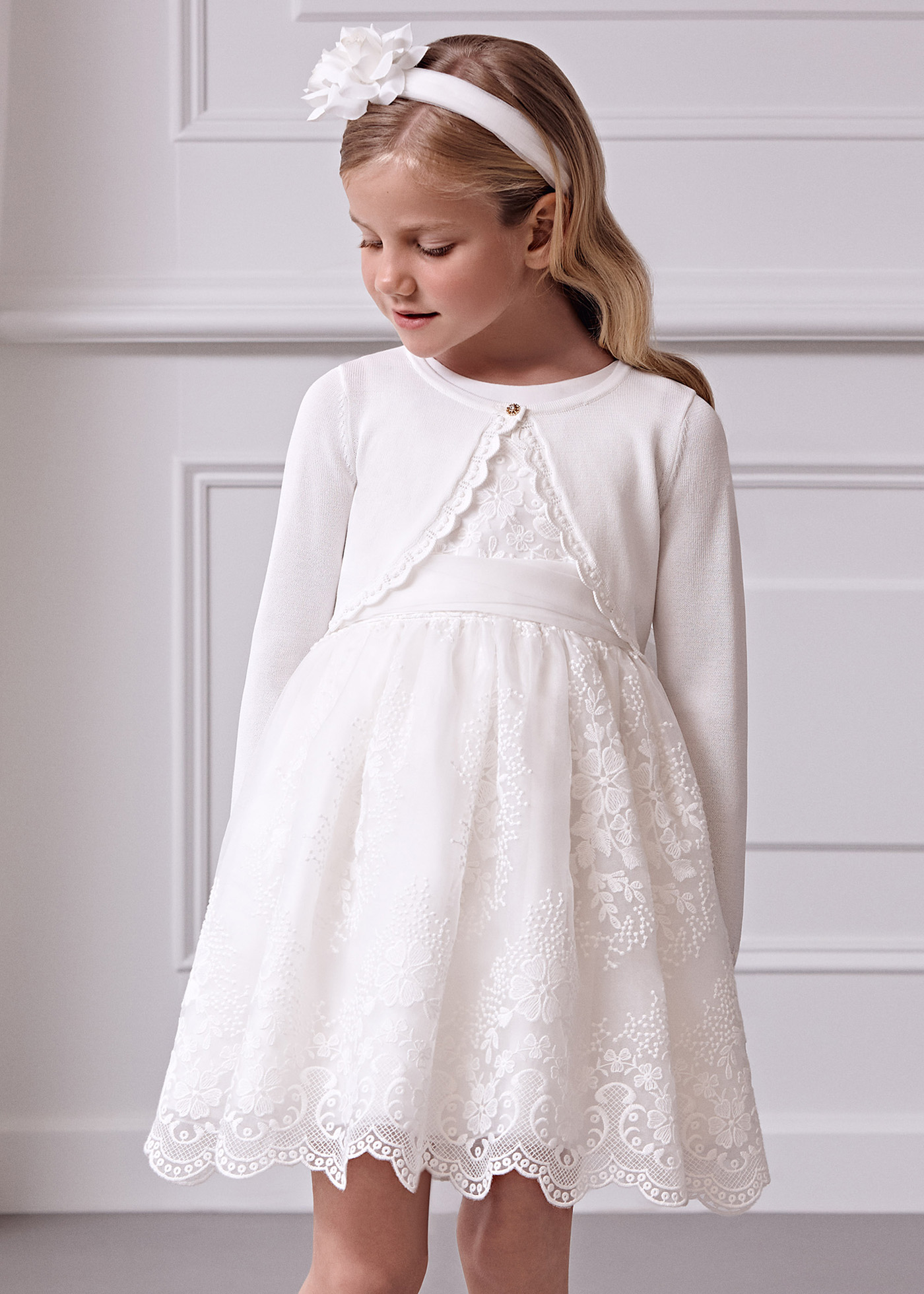 Girl Tulle Embroidered Dress Off white | Abel & Lula ®