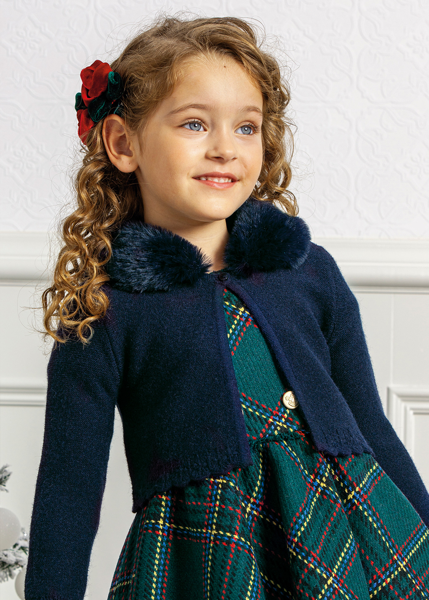 Girls faux fur collar cardigan Navy blue | Abel & Lula ®