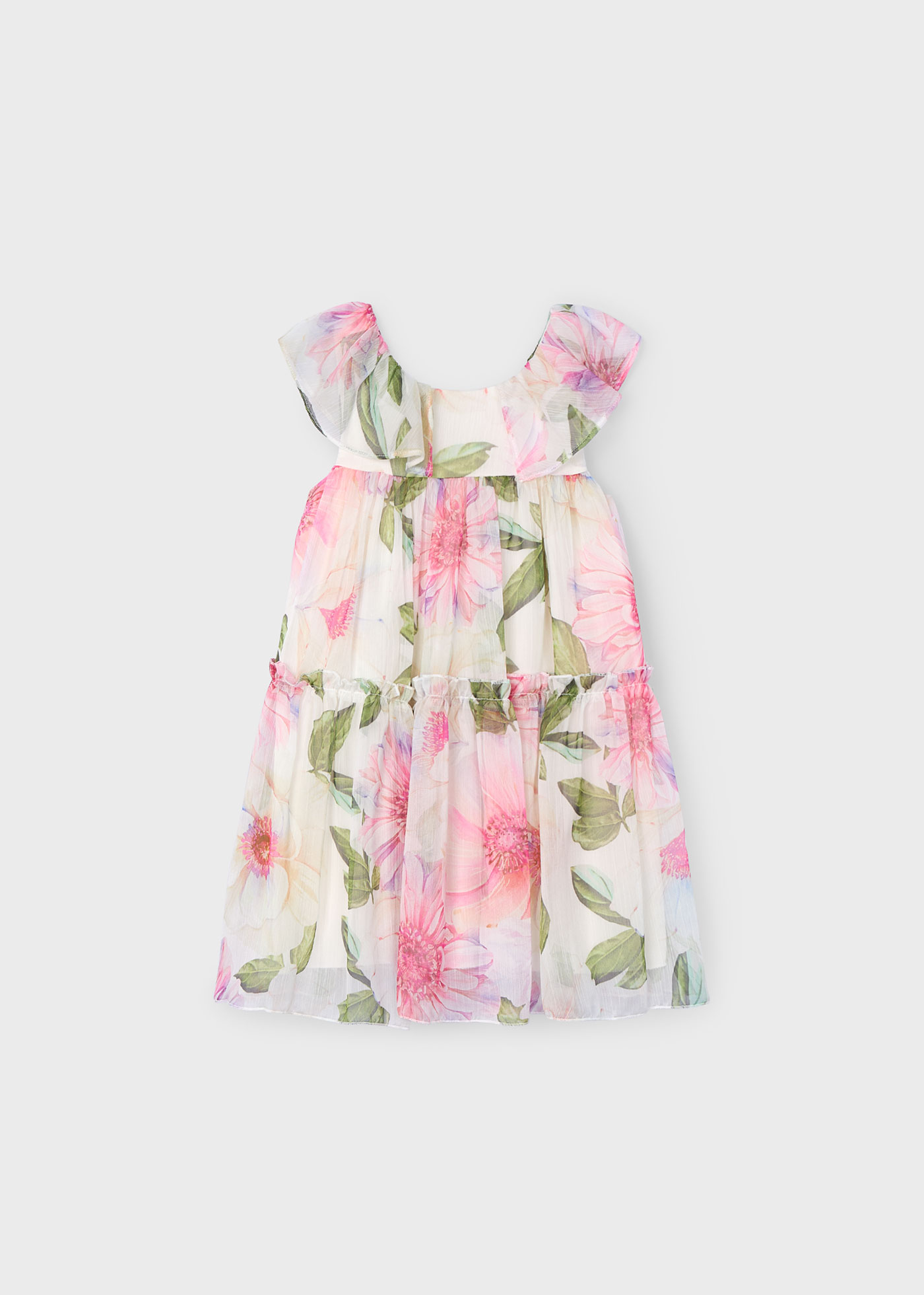 Nautinati Girls' Chiffon All-over Floral Print & Applique Ruffle A-Line Dress with Silver Zari