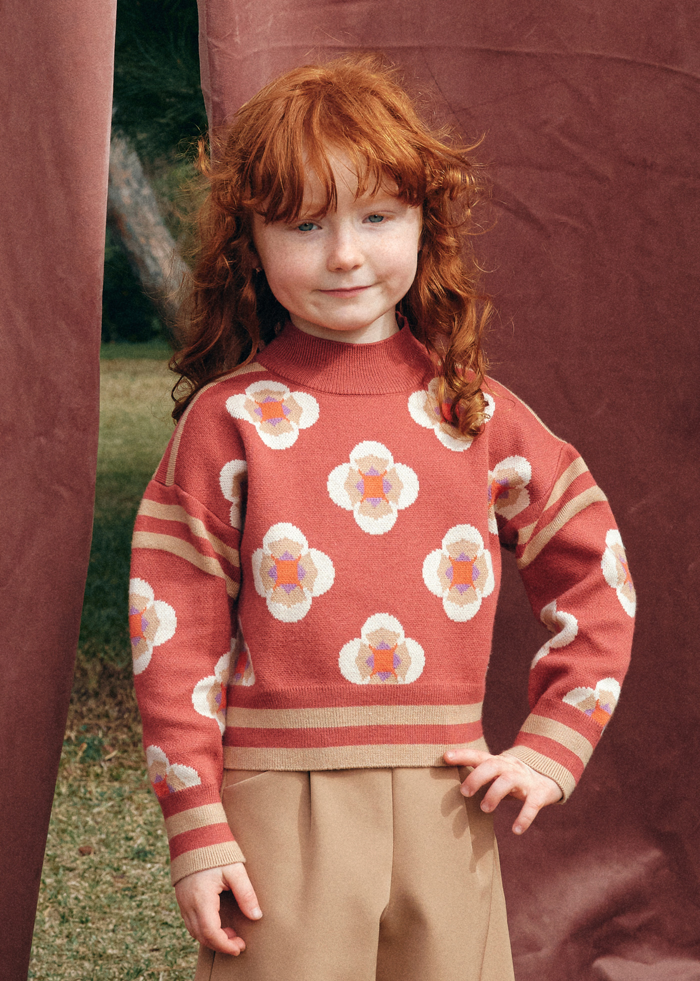 Girl Geometric Jacquard Sweater Paprika | Abel & Lula ®