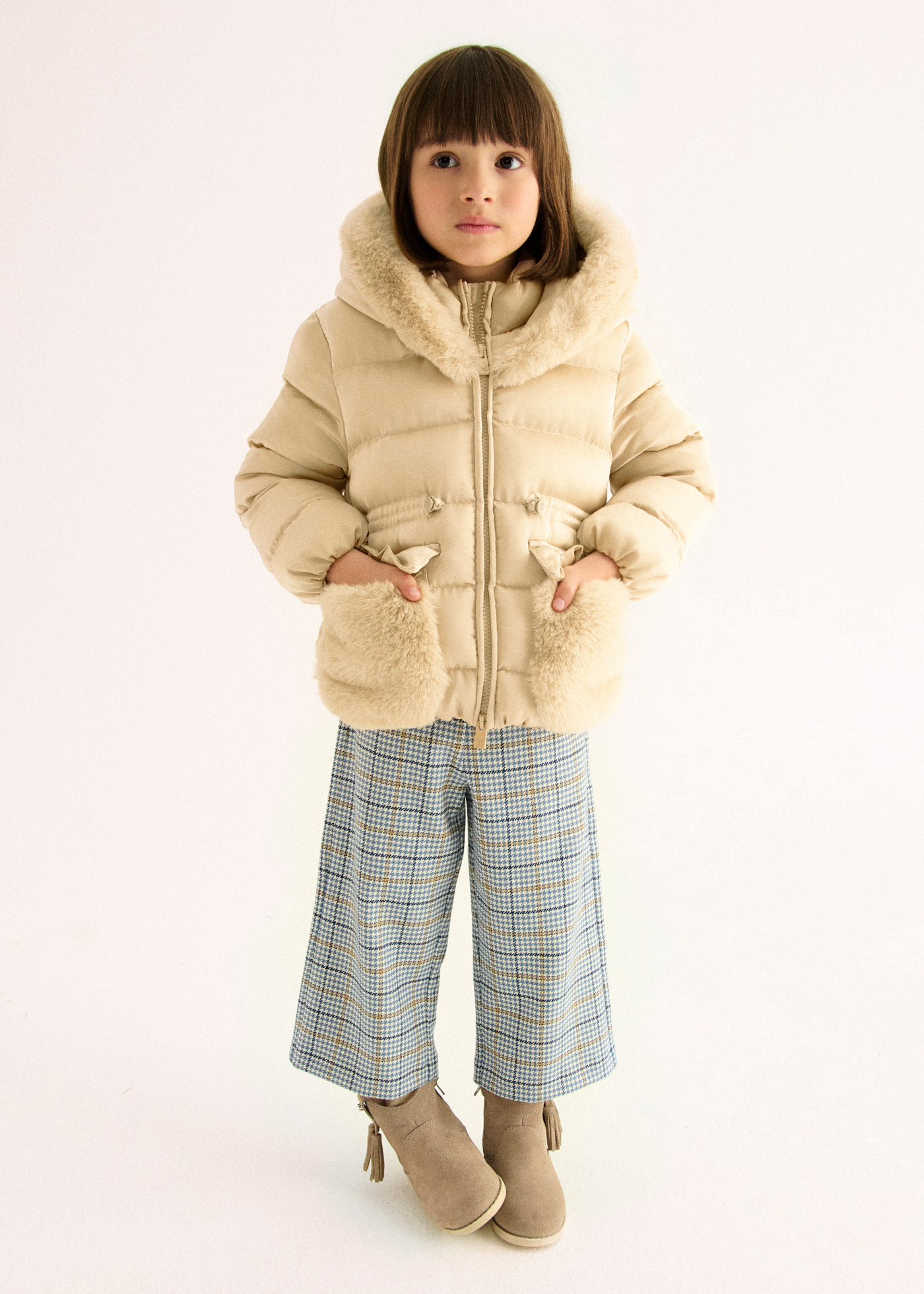 Girl Satin Coat with Faux Fur Almond | Abel & Lula ®