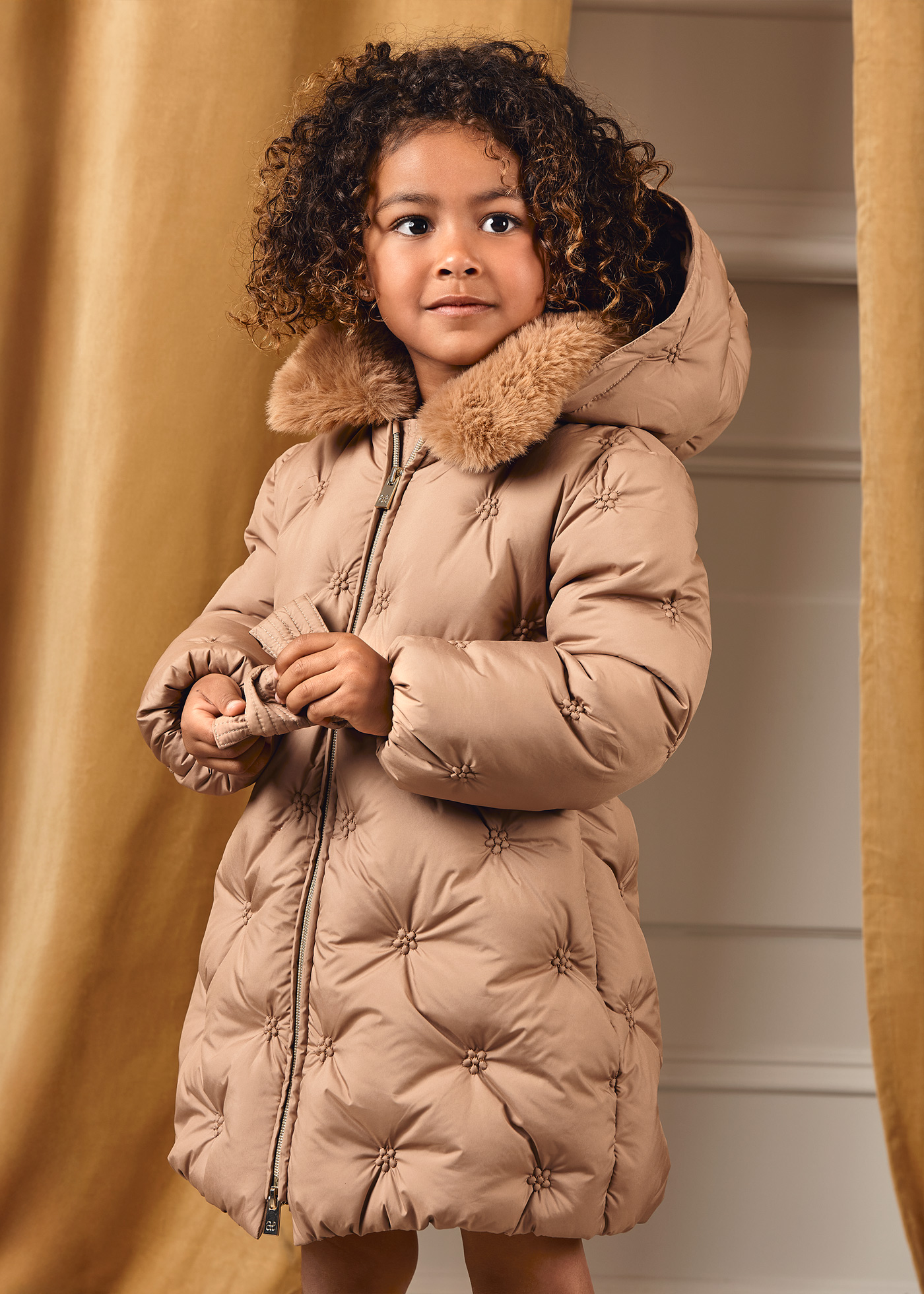 Girls embroidered quilted jacket Camel | Abel & Lula ®