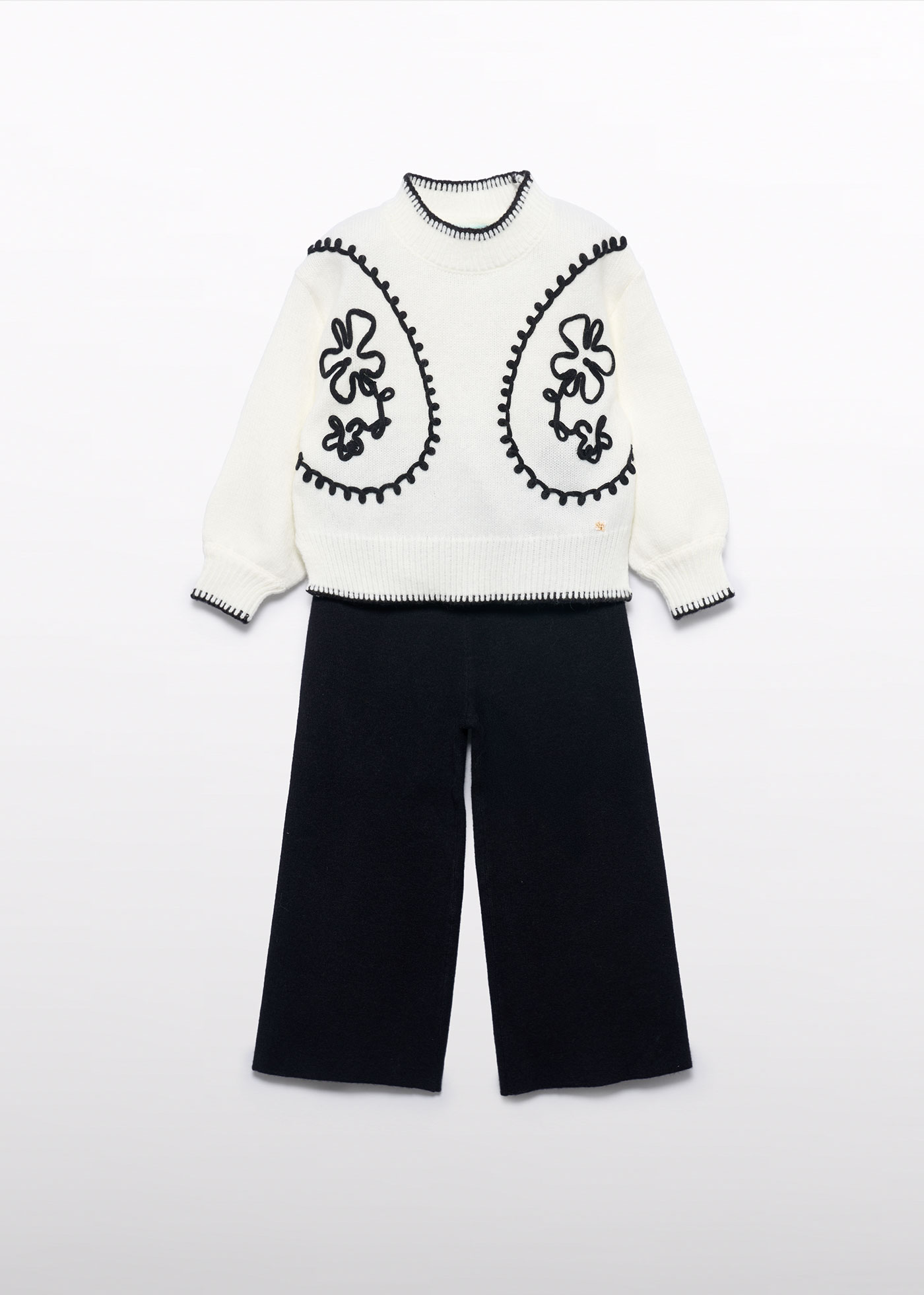 Girl Knit Pants Set with Embroidery Cream-Black | Abel & Lula ®